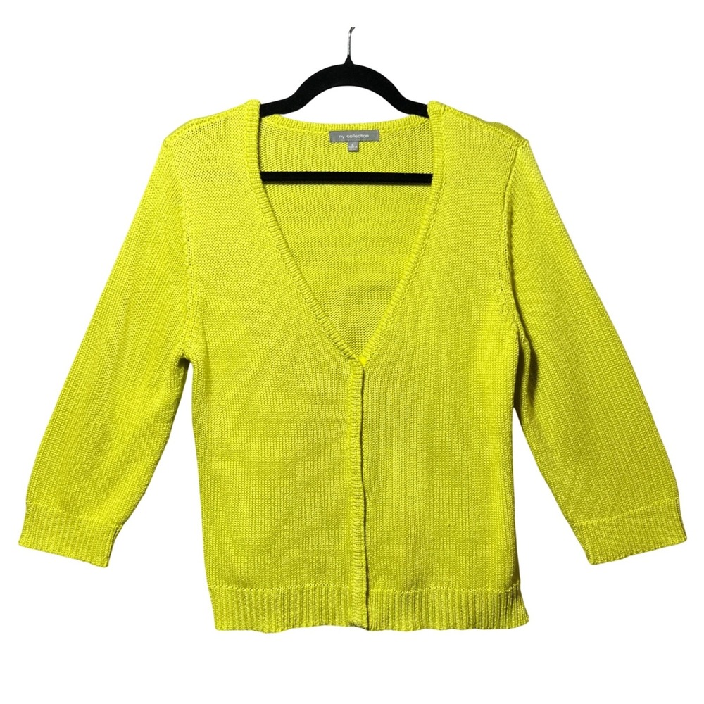 NY Collection Neon Lime Yellow V-Neck Snap Front Cardigan Sweater‎ Large